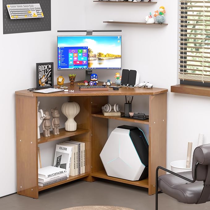31.5” Small Corner Desk with Storage - L Shaped Desks with Storage, Solid Wood Desk with Shelves, Corner Computer Desk for Small Spaces, Writing Desk for Bedroom&Home Office - Walnut