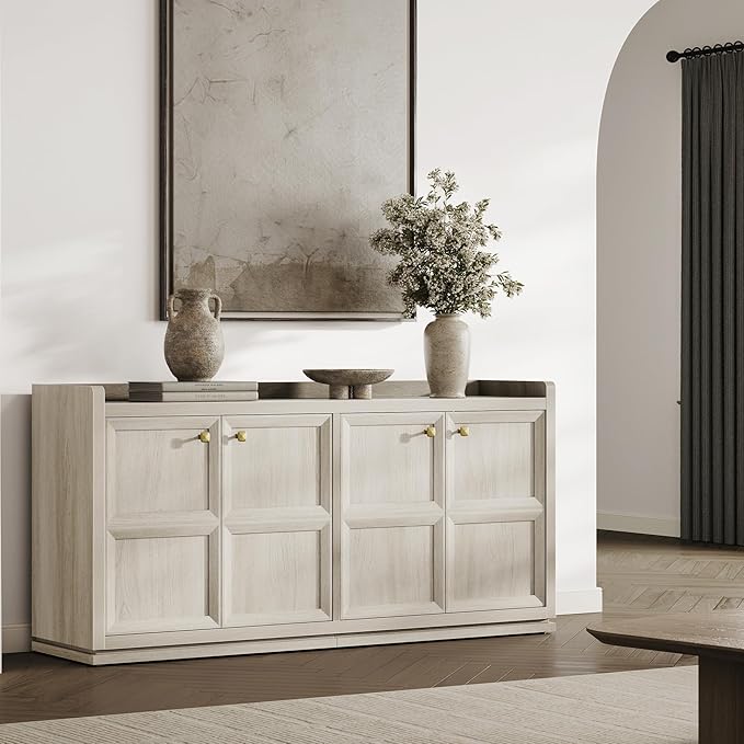 SICOTAS 4-Door Buffet Cabinet - 123" Extra Long Sideboard with 4 Separate Bays & Adjustable Shelves, Modern Credenza Storage Cabinet with Gold Handles for Kitchen Living Room, Grey White Oak, 2 PCS