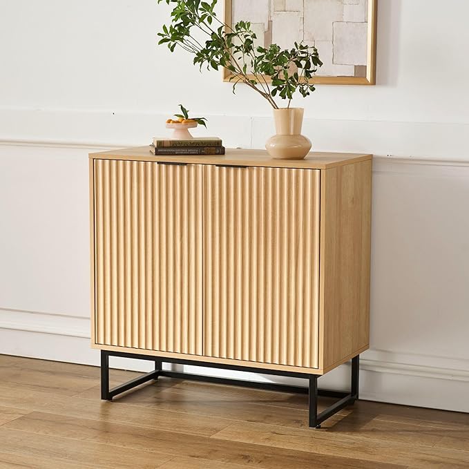 Fluted Storage Cabinets Set of 3, Sideboard Buffet Cabinets with Adjustable Shelves, Modern Accent Credenza, Console Table Entryway Cabinet for Living Room, Natural Oak