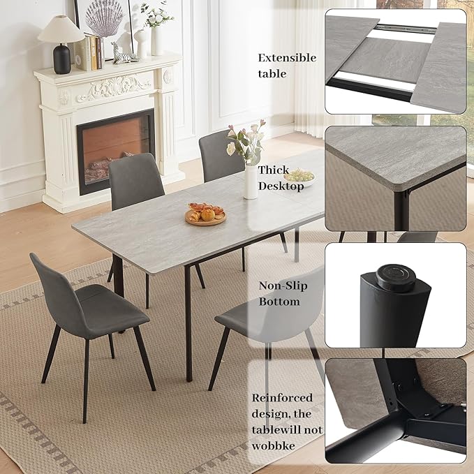 63"- 78.7" Extendable Dining Table Set for 6, Modern Kitchen Table with 6 Dining Chairs for 4-6 Person, Thickened Expandable Wooden Table with Metal Legs for Dining Room, Kitchen