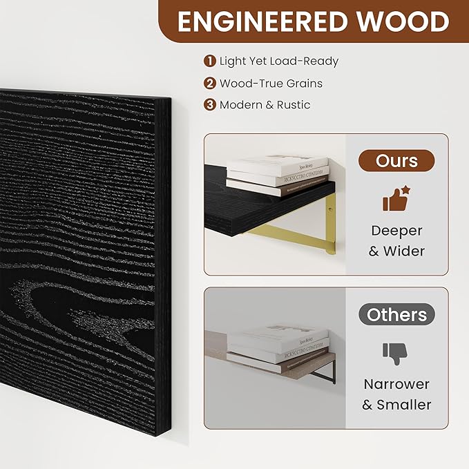 Deep Wall Shelves 16"W x 12"D Engineered Wood Floating Shelves for Wall, Sturdy Metal Bracket(Gold) Bookshelves Home Decor Storage for Living Room Bedroom Bathroom Kitchen, Set of 2, Black Finish