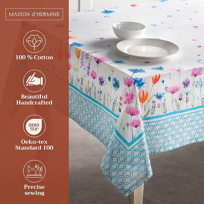 Maison d' Hermine Table Cloth Rectangle Table 100% Cotton 60 x 108 Inches Tablecloth Reusable Decorative for Dining Room Farmhouse Home Valentines Day Decorations Spring Summer - Flower in The Field