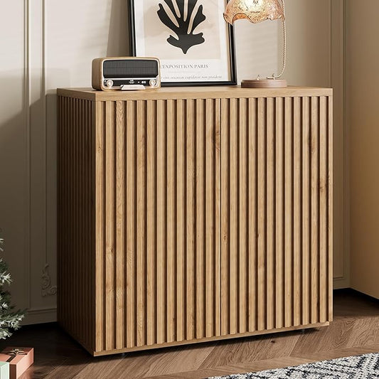 Rophefx Fluted Sideboard Cabinet, Buffet Cabinet with Storage, Credenza Storage Cabinets with Adjustable Shelf, Wood Entryway Cabinets with Pop-up Doors for Living Room, Entryway, Hallway, Oak