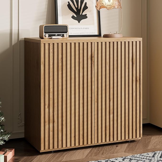 Rophefx Fluted Sideboard Cabinet, 63" Buffet Cabinet with Storage, Credenza Storage Cabinets with Adjustable Shelf, Wood Entryway Cabinets with Pop-up Doors for Living Room, Entryway, Hallway, Oak