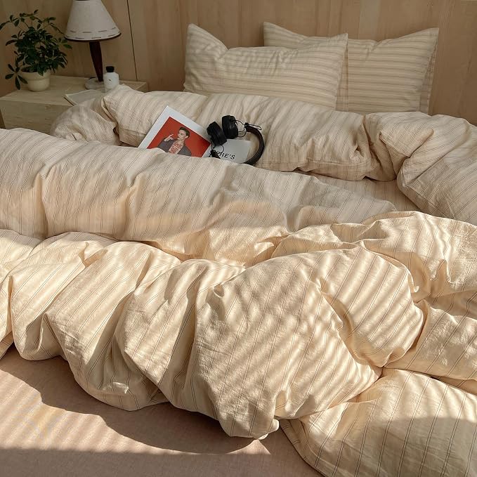 mixinni Retro Striped Duvet Cover Set Twin XL Size - 100% Washed Cotton Beige Duvet Cover with Black White Stripes, Soft Breathable 3 Piece Comforter Cover with Zipper Closure & Corner Ties