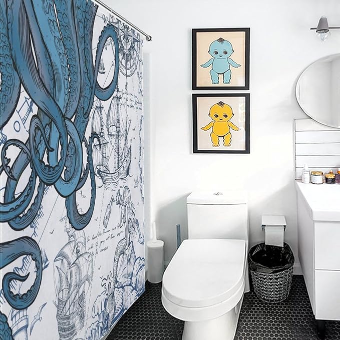 Nautical Octopus Shower Curtain,Funny Monster Ocean Kraken Sealife Pirate Ship Sailboat Retro Nautical Map Rural Bathroom Decor Fabric Waterproof Bathroom Curtain with Hooks,72x84Inch