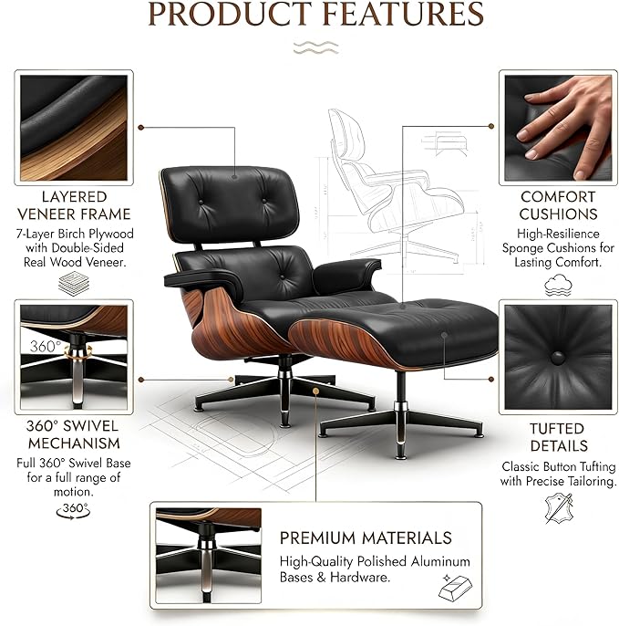 Mid Century Chaise Lounge Chair with Ottoman, Top Black Grain Leather, Modern Office Chair Classic Design, Heavy Duty Base Support for Living Room Study Lounge Office