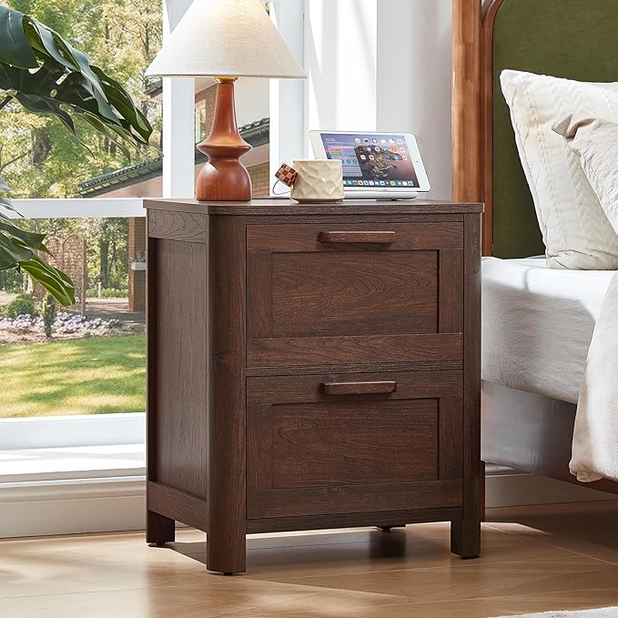 Farmhouse Nightstand Set of 2 with Charging Station, End Tables Bedroom with 2 Large Drawers & 4 Thickened Table Legs, Walnut