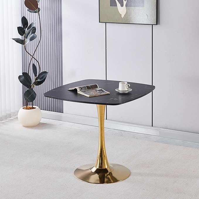 31.5 inches Square Dining Table for 4, Special Kitchen Table with Tulip Shape & Metal Pedestal Base, Mid Century Modern Bistro Black and Gold Tulip Table for Kitchen, Small Space, Cafe