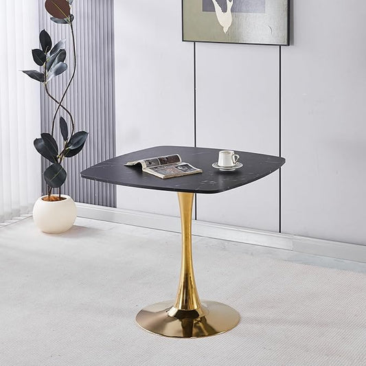 31.5 inches Square Dining Table for 4, Special Kitchen Table with Tulip Shape & Metal Pedestal Base, Mid Century Modern Bistro Black and Gold Tulip Table for Kitchen, Small Space, Cafe