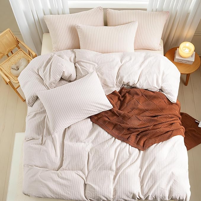 NEXHOME PRO Striped Duvet Cover Oversized King,100% Washed Cotton Bedding Set,Textured Linen Feel,Breathable,Organic,3 Piece(White Stripes 120x98)