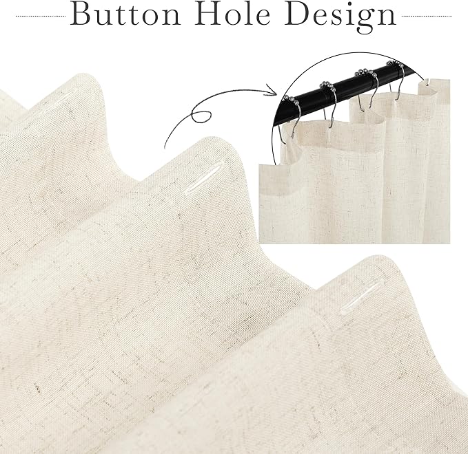 KGORGE Natural Linen Shower Curtain for Bathroom - Linen Blend Button Hole Semi Sheer Lightweight Waterproof Shower Curtains for Bathtub, 36 x 72 inches Long, Hooks Included