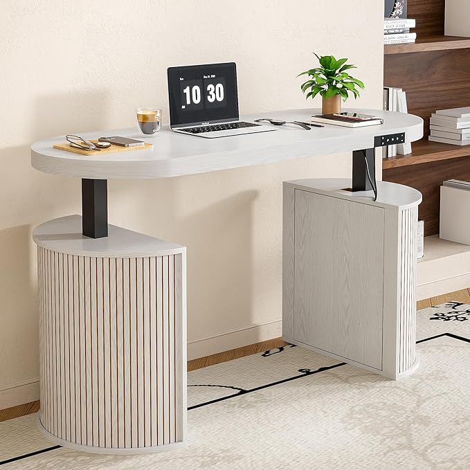 Mid Century Modern Electric Standing Desk with Storage, 55 x 22 Inch Small Sit Stand Up Desk, Wood Adjustable Height Computer Executive Desk for Home Office, Laptop, White