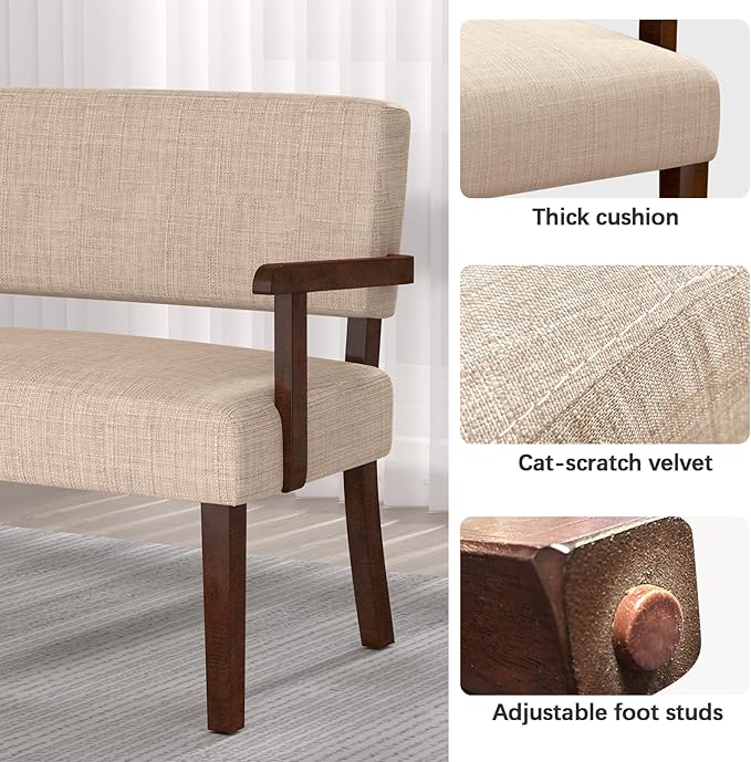 Accent Chair 2 Seat, Upholstered Reading Leisure Chair, Bench with Solid Wood Frame for Dining, Reading,Waiting Rooms (Beige)