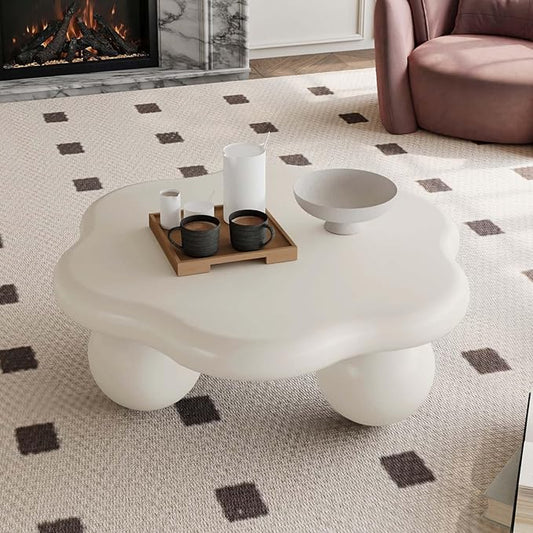 35" Modern Coffee Table Petal Shape Low Center Table Cute Irregular Indoor Tea Table with 3 Ball Legs for Living Room Apartment