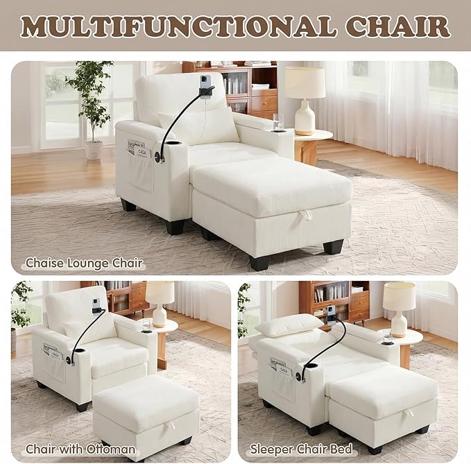 Small Chaise Lounge Chair Indoor with Ottoman&Adjustable Backrest,Chenille Tufted Recliner Comfy Sofa Chair with USB,Phone Holder&Storage Arms,Convertible Sleeper Couch Bed for Living Room(37"W,Beige)