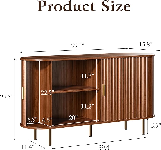 DHH Sideboard Buffet Cabinet with Storage,Mid Century Modern Fluted Accent Coffee Bar Console Table,Tambour Sliding Doors& Adjustable Shelf for Kitchen, Living Room, Entryway(Walnut,55 Inch)