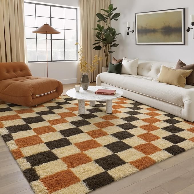 Checkered Rug 8x10 for Living Room, Colorful Modern Shag Rug Washable Non-Slip Large Area Rug Super Soft Indoor Fuzzy Carpet Fluffy Rugs for Bedroom Home Aesthetic Decor