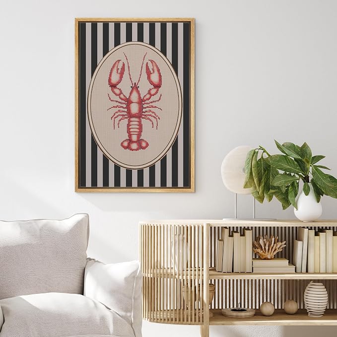 MUDECOR Framed Canvas Print Wall Art Vintage Red Lobster Needlepoint Style Nautical Stripe Illustrations Minimalism Decorative Bohemian Colorful Zen for Living Room, Bedroom, Office - 24"x36" NATURAL