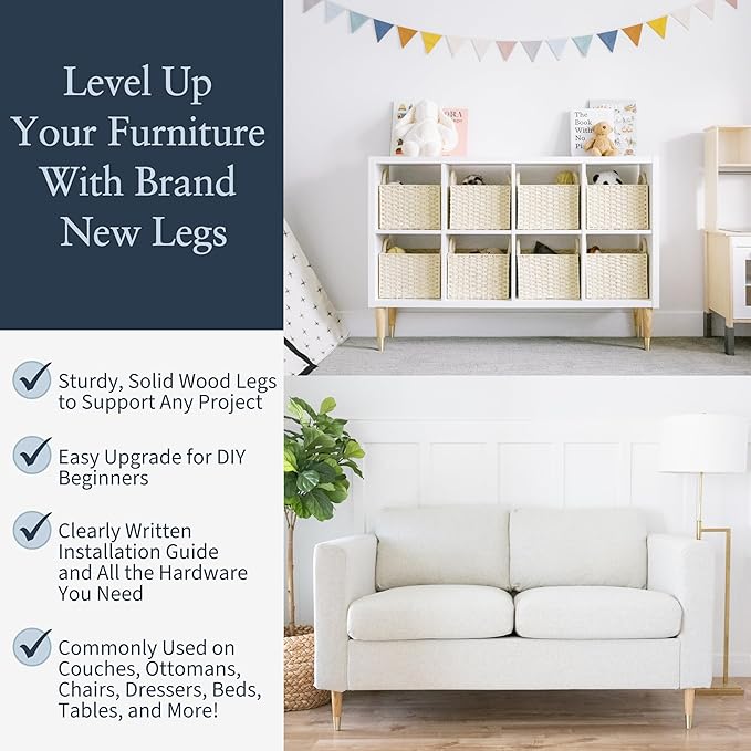 Premium Ash Wood Furniture Legs with Gold Caps (Full Install Kit) - Pick Your Size and Color