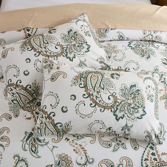 Cozeline 100% Cotton Duvet Cover King Size, Green Paisley Bedding Set with Zipper Closure, 3 Pcs Breathable and Soft Duvet Cover for All Season