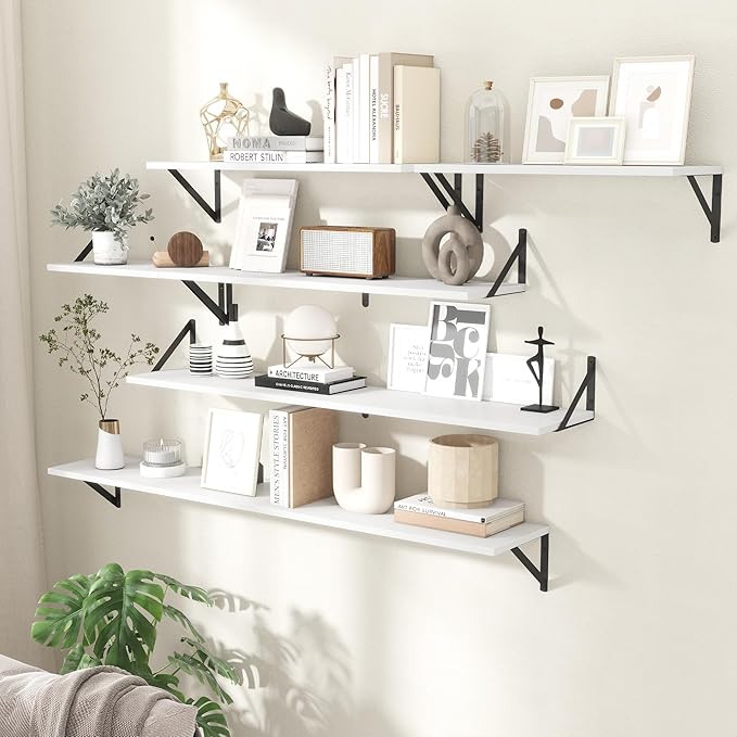 Floating Shelves for Wall Decor,24" Wx8 D Wall Mount Floating Bookshelf Set of 2,Hanging Storage Shelf with Sturdy Metal Brackets,Wooden Shelf for Living Room,Bedroom,Bathroom,White
