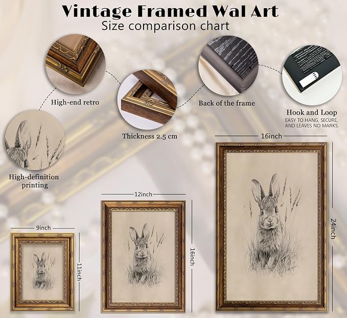 Vintage Gold Framed Easter Bunny Canvas Wall Art Vintage Rabbit Wall Decor Spring Farmhouse Animal Sketch Print Artwork Sketch Rabbit painting Picture for Farmhouse Bedroom Living Room 12X16in