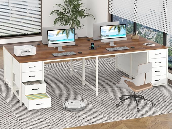 YOMILUVE 95'' Two Person Desk with 8 Drawers, Long Office Desk with Charging Station, 2 Person Desks Double Desk Writing Study Table for Home Office, Brown and White