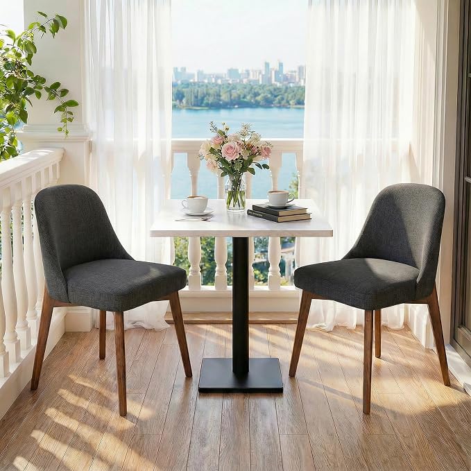 Casaphoria Set of 2 Upholstered Dining Chairs, Dark Grey Fabric Kitchen Chairs with Walnut Wood Legs, Modern Accent Chairs for Dining Room, Living Room or Kitchen