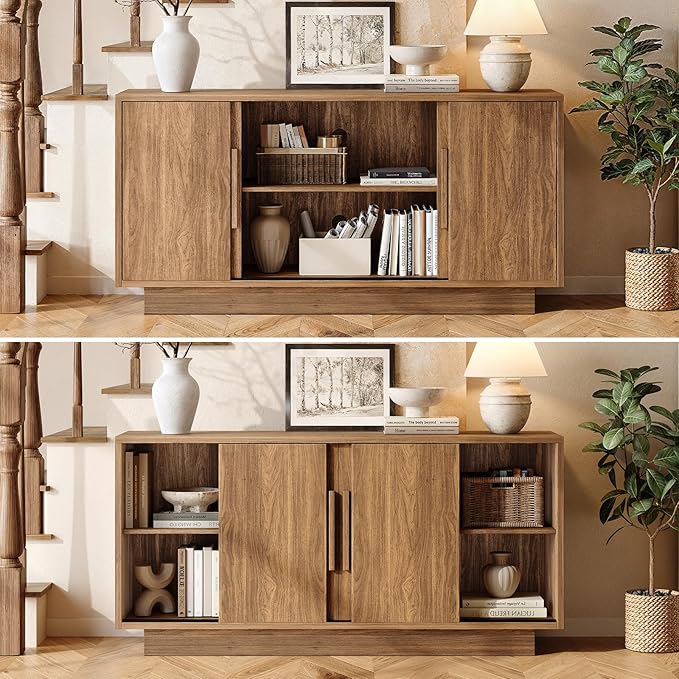 ModernMate 63'' Sideboard Buffet Cabinet with 4 Sliding Doors, Wood Credenza Storage Cabinet with Pedestal Base, Large Side Board with Adjustable Shelf for Living Room, Kitchen, Hallway, Walnut