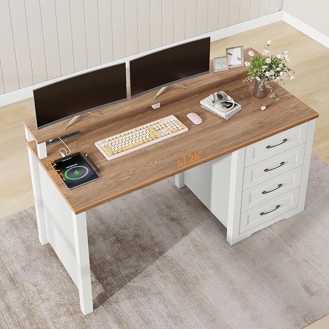 Vabches 47" Farmhouse Executive Desk with Monitor Stand and LED Lights,4 Drawers Computer Desk with Power Outlets,Large Workspace for Work Study Writing.Unique White