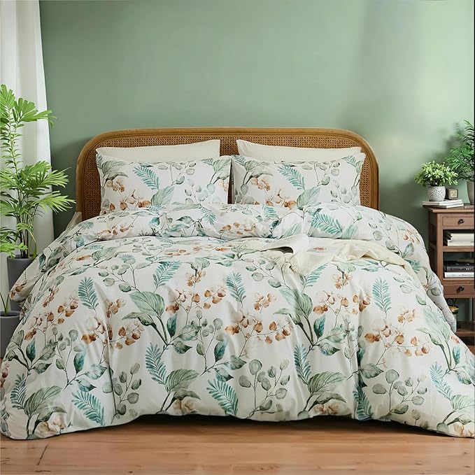 100% Cotton Duvet Cover Queen Size – Eucalyptus Botanical Print Green Floral Duvet Cover Set, 3-Piece Soft Breathable Natural Premium Cotton Bedding Set for All Seasons
