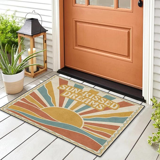 Area Rugs 2'x3' Washable Rug, Retro Sunburst Boho Stain Resistant Non Slip Backing Sunset Vintage Carpet for Living Room Bedroom Dining Room