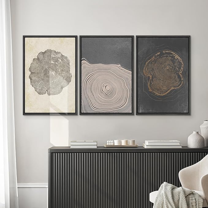 SIGNWIN Framed Canvas Print Wall Art Set Pastel Gray Wood Tree Ring Spirals Nature Abstract Drawings Modern Art Contemporary Minimal for Living Room, Bedroom, Office - 16"x24"x3 Black