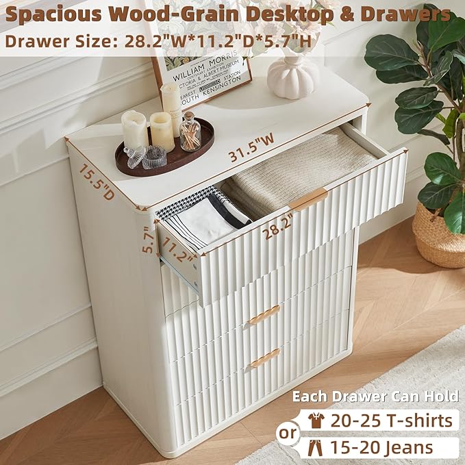 LEYAOYAO Fluted 5 Drawers Dresser for Bedroom, 41" Tall Modern Chest of Drawers with Metal Handle, Curved Profile Farmhouse Closet Organizer Wood Dressers TV Stand for Living Room,Antique White