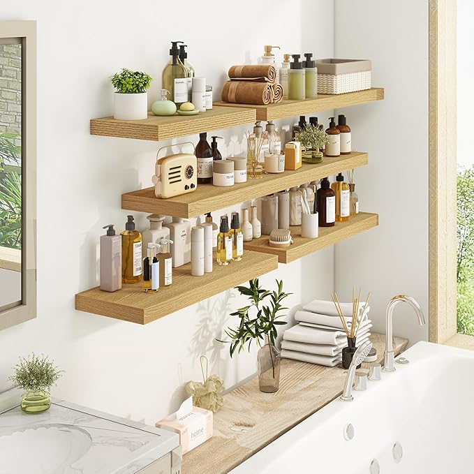 Fun Memories 24 Inch Floating Shelves for Wall, 9.3Inch Deep Floating Shelf, Extra Deeper & Thicker Wall Mounted Storage Shelf for Kitchen, Farmhouse, Oak, 2 Pack