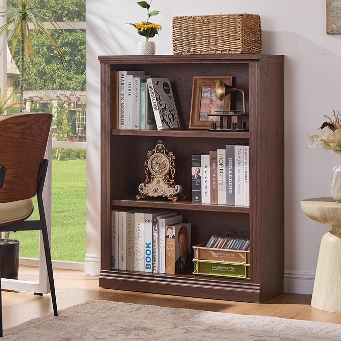 43" Walnut Tall Bookshelf Set of 4,3-Tier Thick Wooden Book Shelf with Adjustable Shelves,Free Standing Farmhouse Bookcase with Open Display Storage,Floor Vintage Bookshelves for Living Room