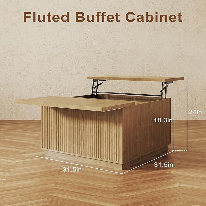 Lift Top Coffee Table with Storage,Fluted Square Center Table with Large Hidden Space,31.5" Coffee Table with Lifting Top,Center Table for Living Room,Natural Oak