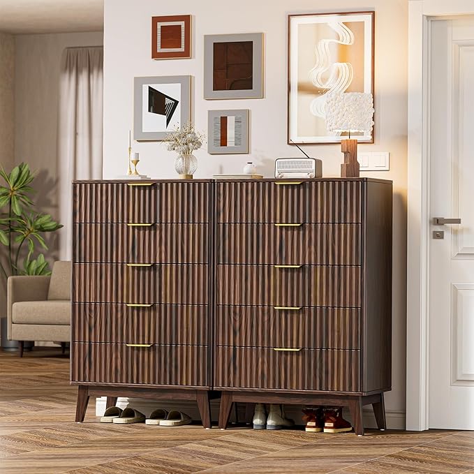 Modern Fluted 5 Drawer Tall Dresser, 48" H, Walnut, Curved Profile Design, Mid Century Wood Chest of Drawers for Bedroom, Living Room, Hallway
