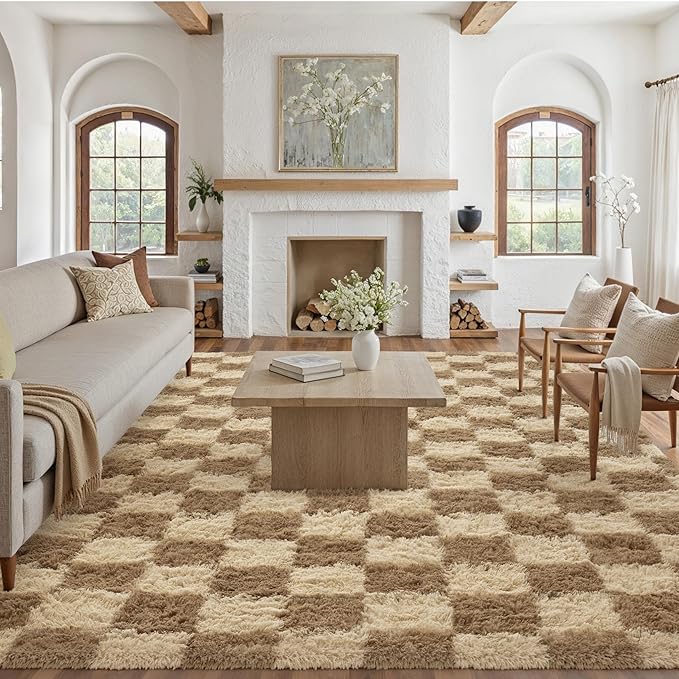 Checkered Rug 8x10 for Living Room, Brown Modern Shag Rug Washable Non-Slip Large Area Rug Super Soft Indoor Fuzzy Carpet Fluffy Rugs for Bedroom Home Aesthetic Decor