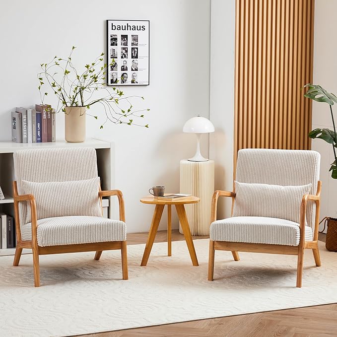 Accent Chairs Set of 2, Mid Century Modern Chair with Pillow, Arm Chair with Solid Wood, Reading Relaxing Leisure Chair for Living Room, Waiting Room, Beige