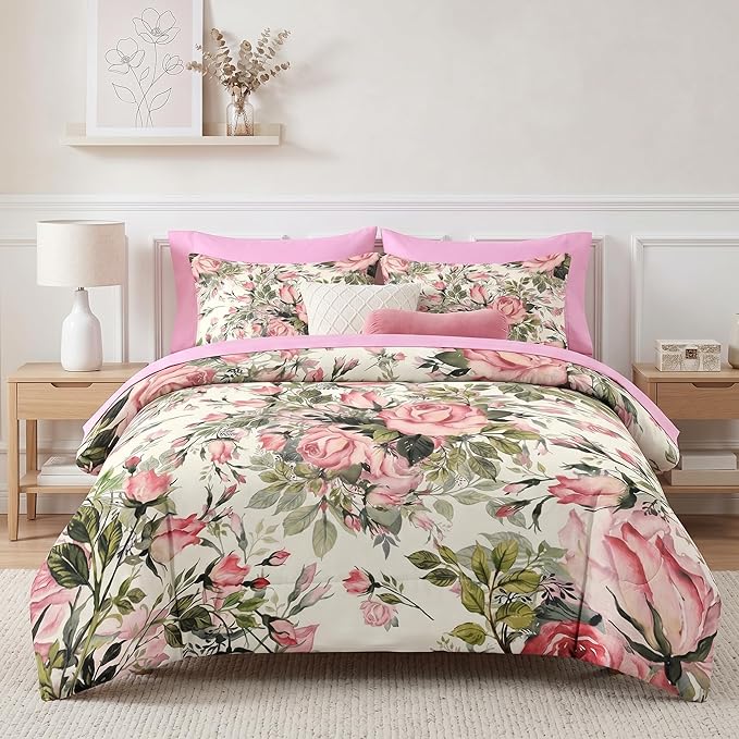 Nesker 5 Pcs Comforter Set Twin Size, Shabby Chic Vintage Summer Bedding Set for Kids and Adults, Rose Herbs Flower Bed Sheet Sets with Fitted Sheet Pillowcases & Shams