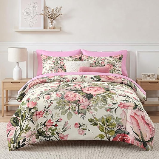Nesker 7 Pcs Comforter Set Full Size, Shabby Chic Vintage Summer Bedding Set for Kids and Adults, Rose Herbs Flower Bed Sheet Sets with Fitted Sheet 2 Pillowcases & 2 Shams