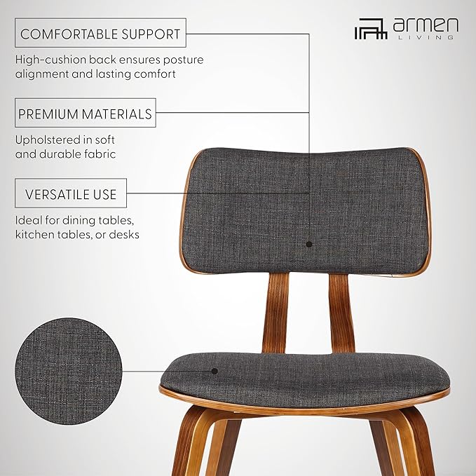 Armen Living Jaguar Mid-Century Dining Chair in Walnut Wood and Charcoal Fabric - Set of 6