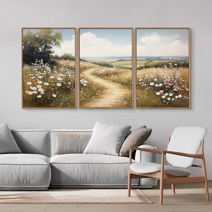 Rantodecor Rustic French Country Framed Canvas Wall Art, Vintage Flower Field Wall Decor, Calming Nature Landscape Art Paintings, Modern Wildflower Artwork for Farmhouse Bedroom Living Room 16"x24"x3