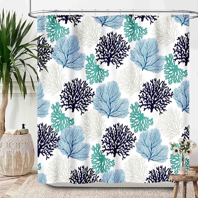 Nautical Coastal Shower Curtains,Blue Teal Beach Ocean Theme Shower Curtain for Bathroom Decor,Summer Tropical Seashell Starfish Coral Fabric Shower Curtain Set with Hooks,72x72Inch