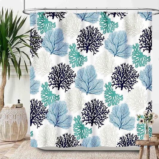 Nautical Coastal Shower Curtains,Blue Teal Beach Ocean Theme Shower Curtain for Bathroom Decor,Summer Tropical Seashell Starfish Coral Fabric Shower Curtain Set with Hooks,72x72Inch