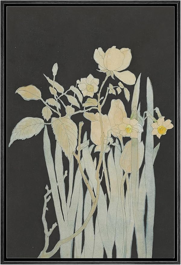 Woodrose Framed Canvas Print Wall Art Minimalist Floral Silhouettes Elegant Botanical Line Illustrations Modern Art Minimalist 3D Colorful Ultra for Living Room, Bedroom, Office - 24"x36" BLACK