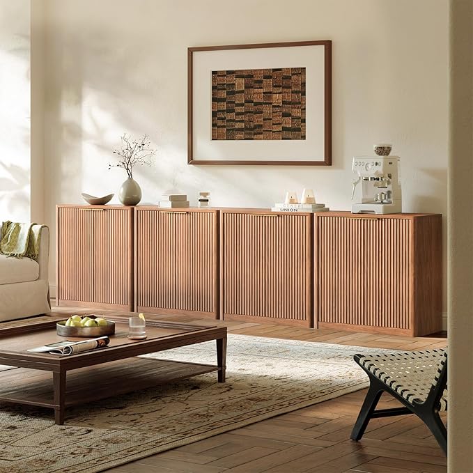 Evermagin 31.5" Walnut Buffet Cabinet with Storage, Small Sideboard Cabinet, Mid Century Modern Accent Credenza, Fluted Console Table with Doors for Dining Room, Kitchen, and Living Room