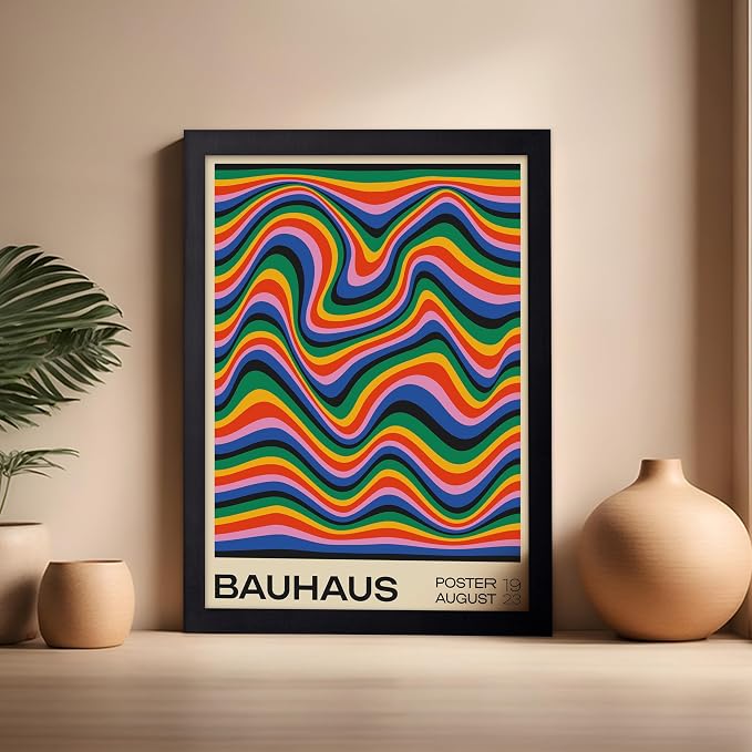 Poster Master Bauhaus Poster - Psychedelic Waves Print - Abstract ART - Rainbow ART - Groovy Style - Chic Boho - Mid Century Modern - Living Room or Bedroom Wall Decor - 16x20 Black Framed
